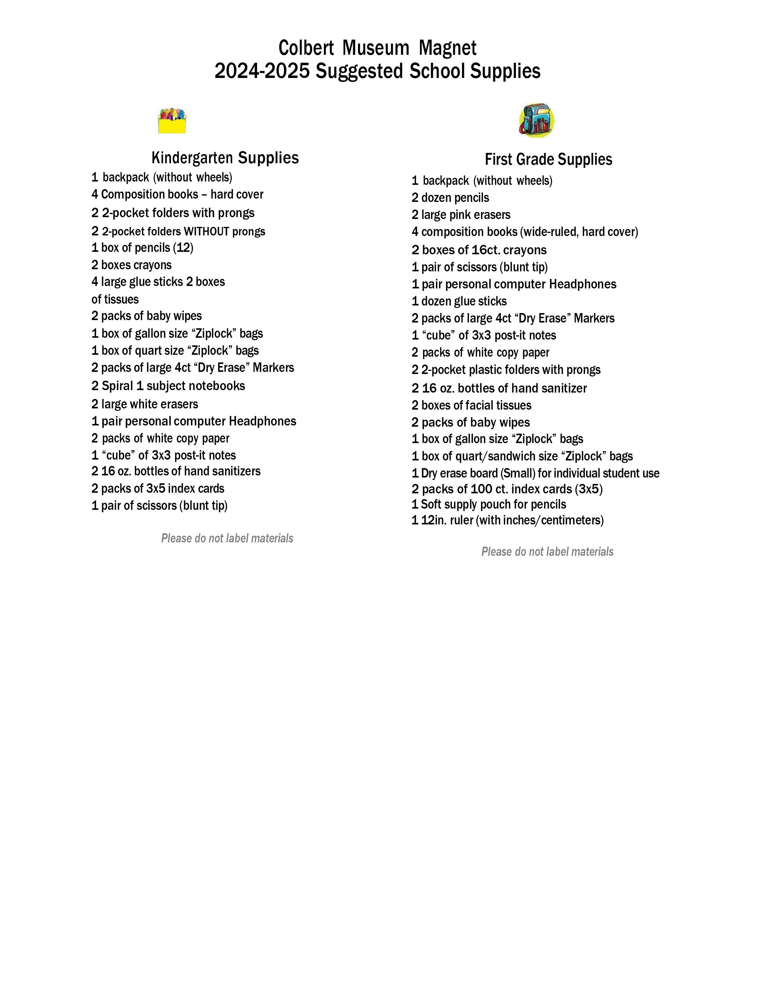 2024-2025 Suggested school supplies list for Kindergarten through First Grade